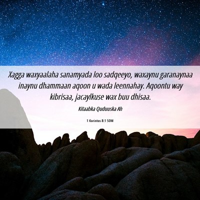 Picture 06 - 1 Korintos 8:1 SOM - Xagga waxyaalaha sanamyada loo sadqeeyo, waxaynu - Bible Verse Picture