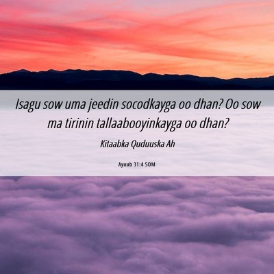 Picture 06 - Ayuub 31:4 SOM - Isagu sow uma jeedin socodkayga oo dhan? Oo sow - Bible Verse Picture