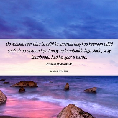 Picture 06 - Baxniintii 27:20 SOM - Oo waxaad reer binu Israa'iil ku amartaa inay kuu - Bible Verse Picture
