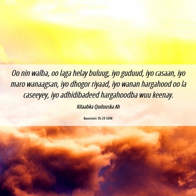 Picture 06 - Baxniintii 35:23 SOM - Oo nin walba, oo laga helay buluug, iyo guduud, - Bible Verse Picture
