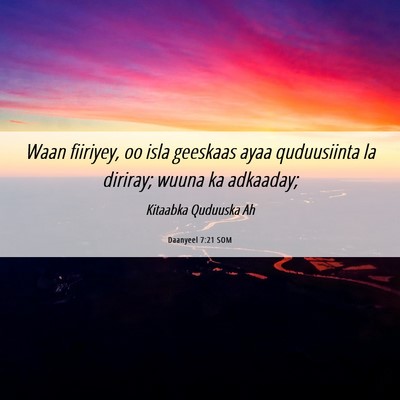 Picture 06 - Daanyeel 7:21 SOM - Waan fiiriyey, oo isla geeskaas ayaa quduusiinta - Bible Verse Picture