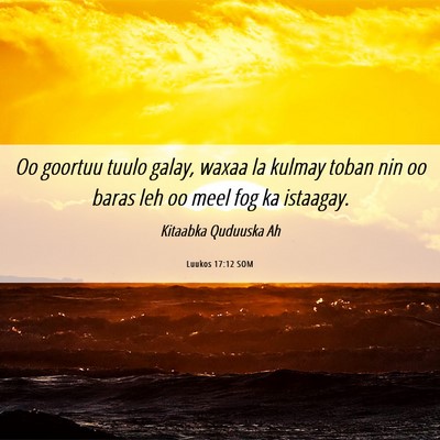 Picture 06 - Luukos 17:12 SOM - Oo goortuu tuulo galay, waxaa la kulmay toban nin - Bible Verse Picture