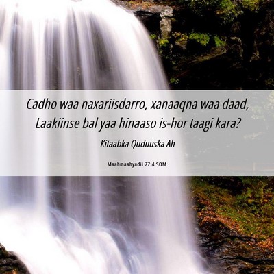 Picture 06 - Maahmaahyadii 27:4 SOM - Cadho waa naxariisdarro, xanaaqna waa daad, - Bible Verse Picture