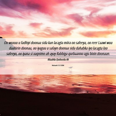 Picture 06 - Malaakii 3:3 SOM - Oo wuxuu u fadhiyi doonaa sida kan lacagta miira - Bible Verse Picture
