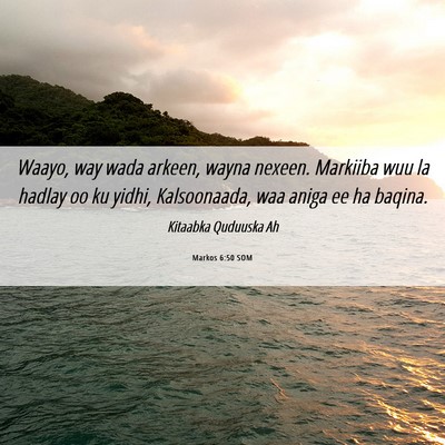 Picture 06 - Markos 6:50 SOM - Waayo, way wada arkeen, wayna nexeen. Markiiba - Bible Verse Picture