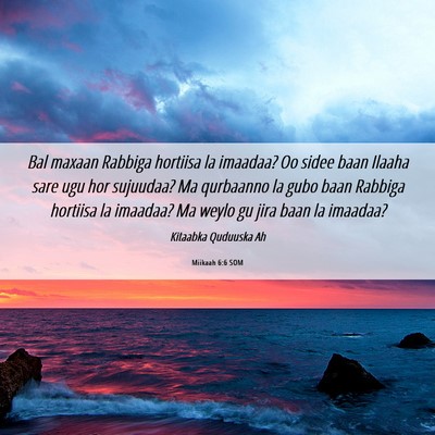 Picture 06 - Miikaah 6:6 SOM - Bal maxaan Rabbiga hortiisa la imaadaa? Oo sidee - Bible Verse Picture