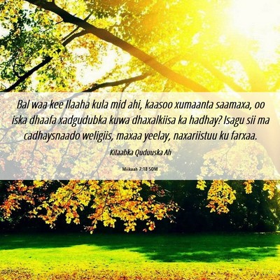 Picture 06 - Miikaah 7:18 SOM - Bal waa kee Ilaaha kula mid ahi, kaasoo xumaanta - Bible Verse Picture
