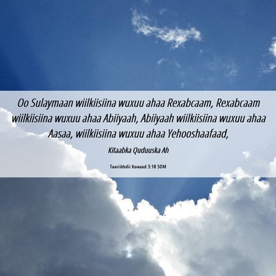 Picture 06 - Taariikhdii Kowaad 3:10 SOM - Oo Sulaymaan wiilkiisiina wuxuu ahaa Rexabcaam, - Bible Verse Picture