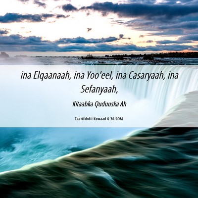 Picture 06 - Taariikhdii Kowaad 6:36 SOM - ina Elqaanaah, ina Yoo'eel, ina Casaryaah, ina - Bible Verse Picture
