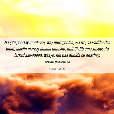 Picture 06 - Yooxanaa 16:21 SOM - Naagtu goortay umulayso, way murugootaa, waayo, - Bible Verse Picture