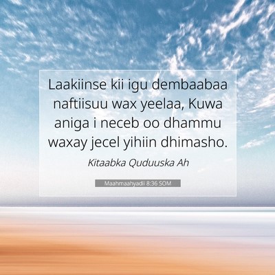 Picture 07 - Maahmaahyadii 8:36 SOM - Laakiinse kii igu dembaabaa naftiisuu wax yeelaa, - Bible Verse Picture
