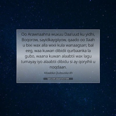 Picture 07 - Samuu'eel Labaad 24:22 SOM - Oo Arawnaahna wuxuu Daa'uud ku yidhi, Boqorow, - Bible Verse Picture