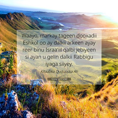 Picture 07 - Tirintii 32:9 SOM - Waayo, markay tageen dooxadii Eshkol oo ay dalkii - Bible Verse Picture