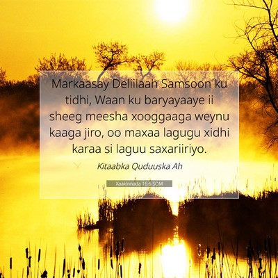 Picture 07 - Xaakinnada 16:6 SOM - Markaasay Deliilaah Samsoon ku tidhi, Waan ku - Bible Verse Picture