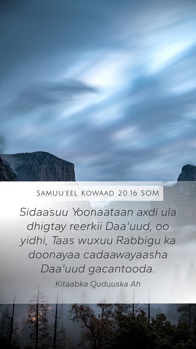 Samuu'eel Kowaad 20:16 SOM Bible Verse Image
