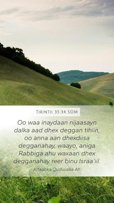 Tirintii 35:34 SOM Mobile Phone Wallpaper - Oo waa inaydaan nijaasayn dalka aad dhex deggan - Mobile Bible Verse Wallpaper